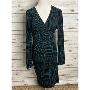 Calvin Klein classic black/teal long sleeve ruched faux wrap sheath dress 2X